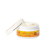 Alpine Silk Manuka Honey Face Mask 100g jar with lid open, showcasing creamy texture and benefits for skin.