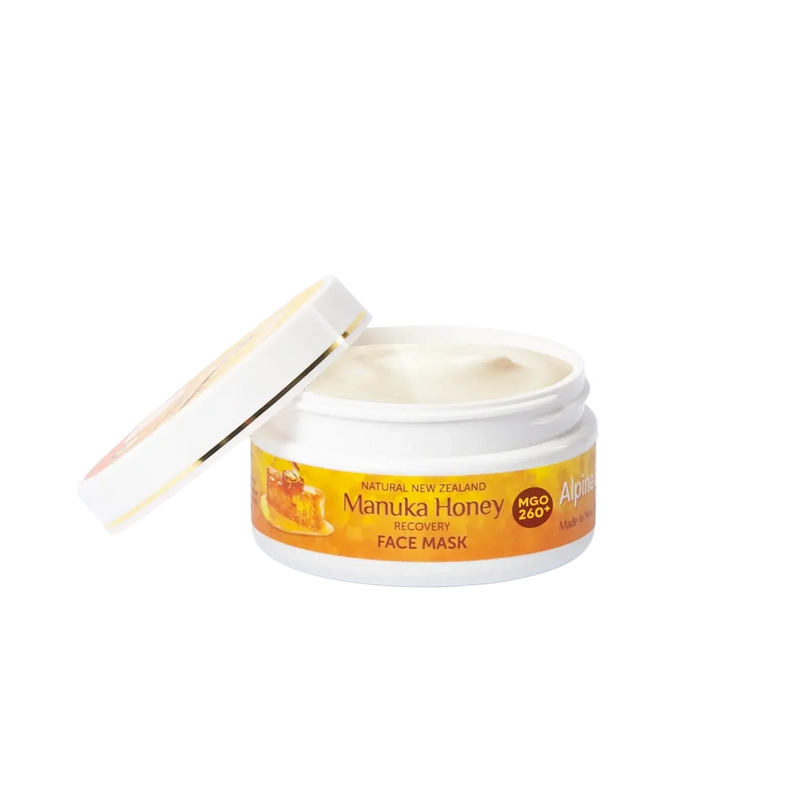 Alpine Silk Manuka Honey Face Mask 100g jar with lid open, showcasing creamy texture and benefits for skin.