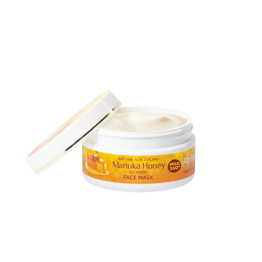Alpine Silk Manuka Honey Face Mask 100g jar with lid open, showcasing creamy texture and benefits for skin.