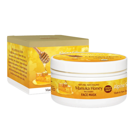 Alpine Silk Manuka Honey Face Mask 100g jar and box showing natural ingredients for healthy skin.