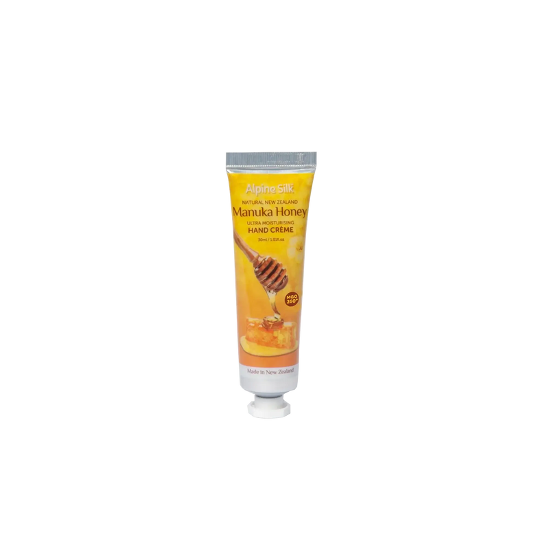 Alpine Silk Manuka Honey Hand Cream 30ml tube with honey dipper design.