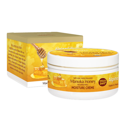 Alpine Silk Manuka Honey Moisture Cream 100g jar and box packaging, featuring MGO 260+ Manuka Honey ingredients.