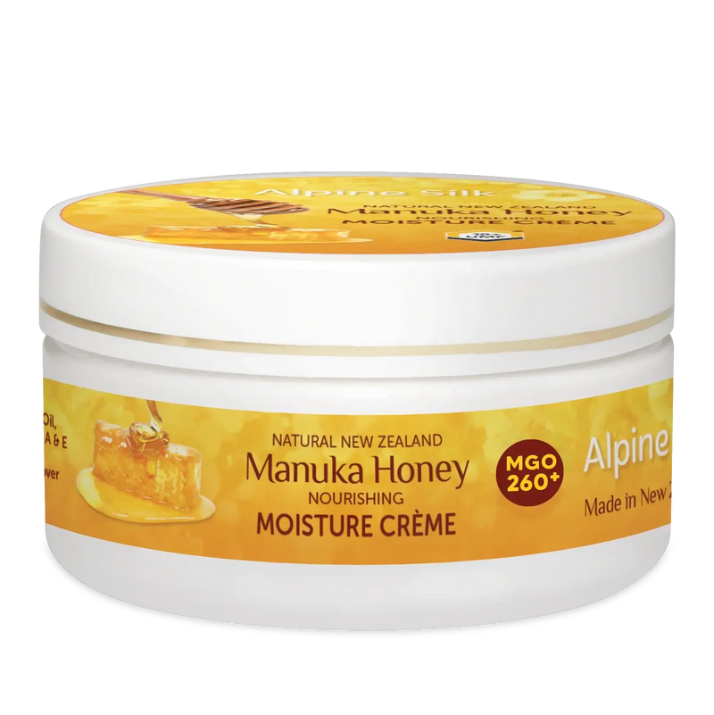 Alpine Silk Manuka Honey Moisture Cream 100g jar with MGO 260+ label, nourishing skin moisturizer.