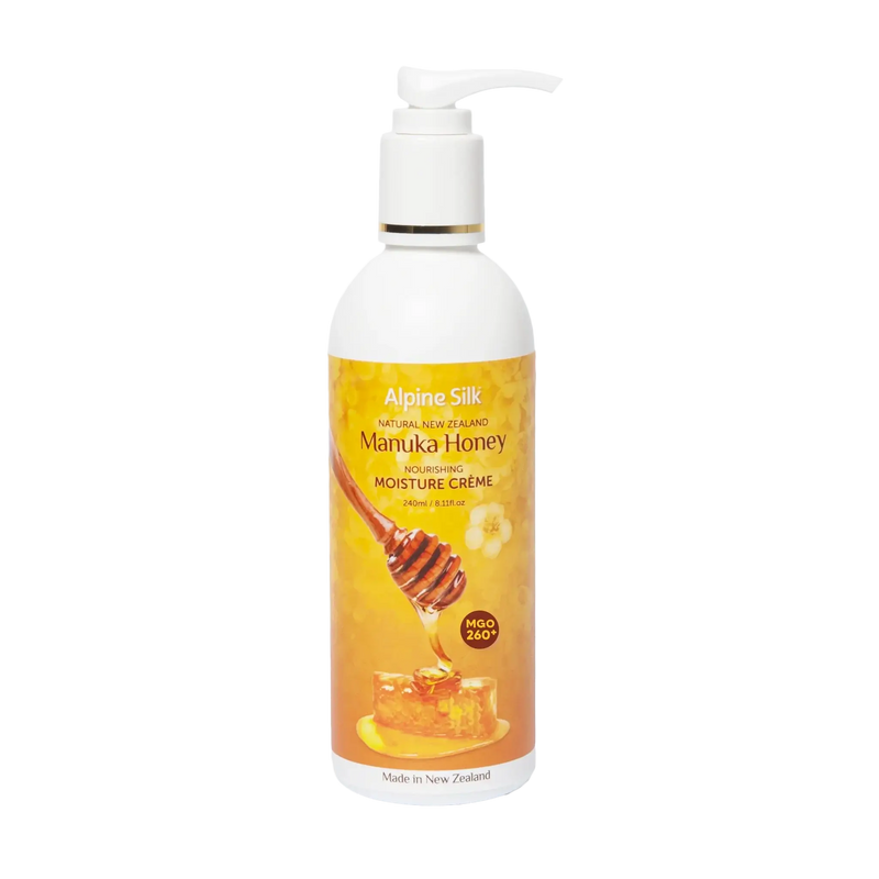 Alpine Silk Manuka Honey Moisture Cream Pump 240ml in a white bottle with a pump dispenser and honeycomb design.
