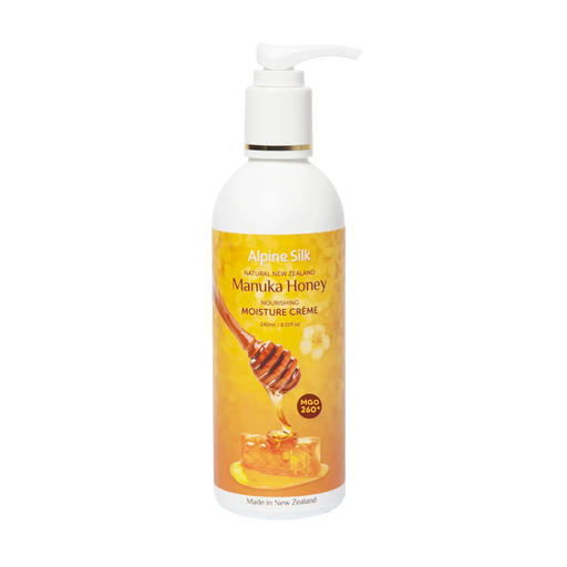 Alpine Silk Manuka Honey Moisture Cream Pump 240ml in a white bottle with a pump dispenser and honeycomb design.