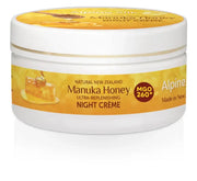 Alpine Silk Manuka Honey Night Cream 100g in a jar with honeycomb and MGO 260+ label for ultra-replenishing skin care.