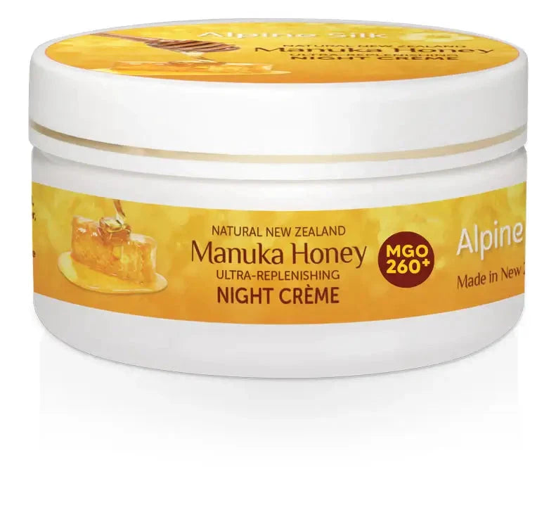 Alpine Silk Manuka Honey Night Cream 100g in a jar with honeycomb and MGO 260+ label for ultra-replenishing skin care.