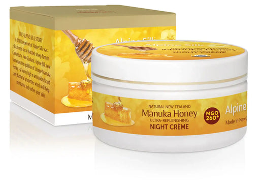 Alpine Silk Manuka Honey Night Cream 100g jar and box, nourishing night cream with Manuka honey and collagen.