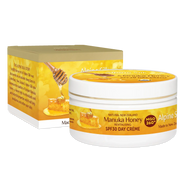 Alpine Silk Manuka Honey SPF30 Day Cream 100g packaging and product display with natural ingredients.