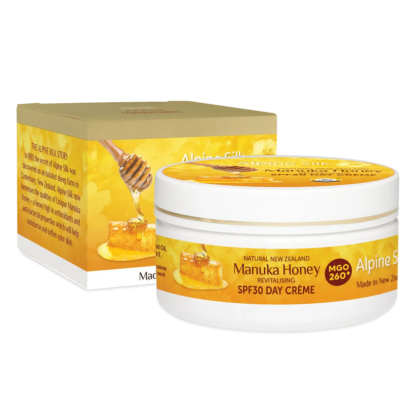 Alpine Silk Manuka Honey SPF30 Day Cream 100g packaging and product display with natural ingredients.