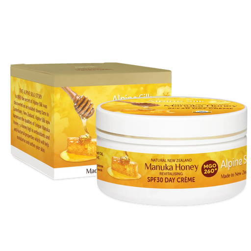 Alpine Silk Manuka Honey SPF30 Day Cream 100g packaging and product display with natural ingredients.