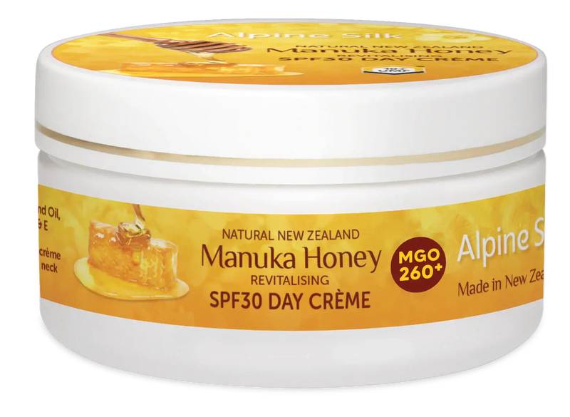Alpine Silk Manuka Honey SPF30 Day Cream 100g jar with honeycomb design and informative label made in New Zealand.