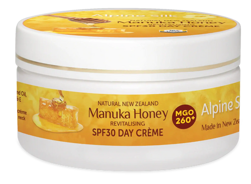 Alpine Silk Manuka Honey SPF30 Day Cream 100g jar with honeycomb design and informative label made in New Zealand.