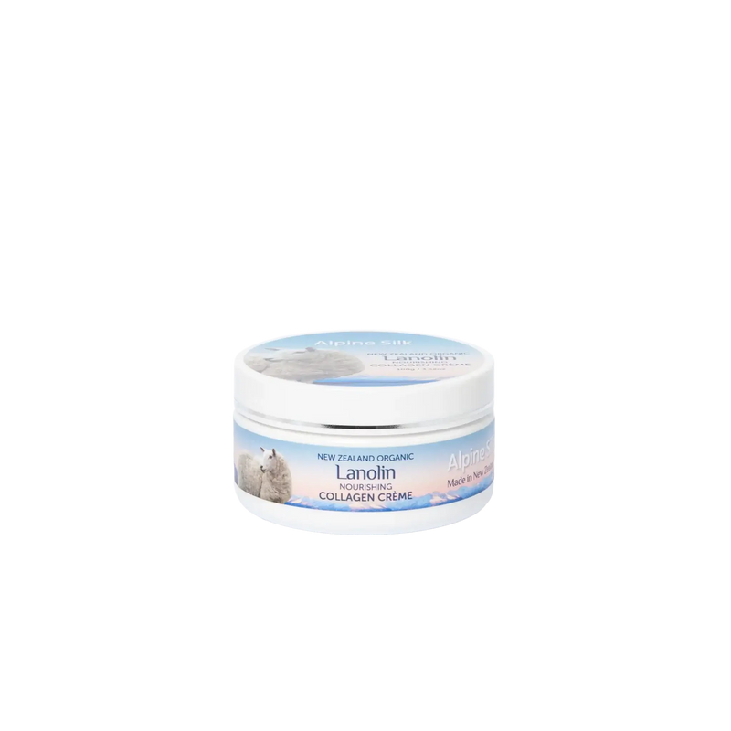 Alpine Silk Organic Lanolin Collagen Cream 100g in a round jar, featuring soothing ingredients for skin hydration and softness.