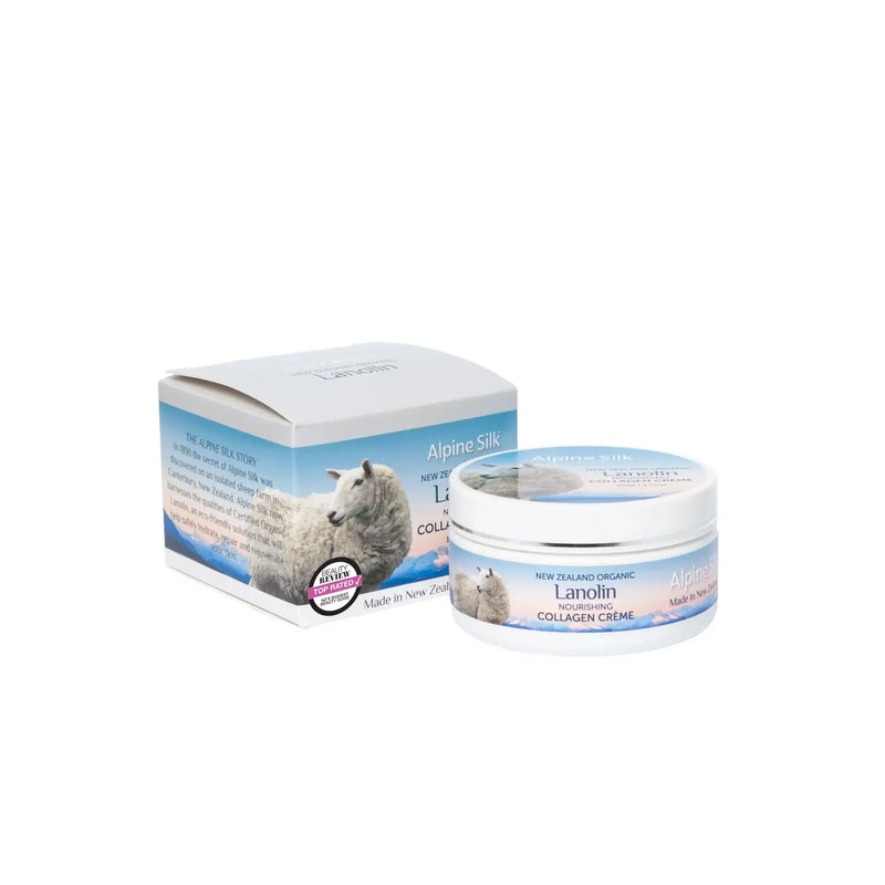 Alpine Silk Organic Lanolin Collagen Cream 100g in a container with packaging, designed for skin softness and hydration.
