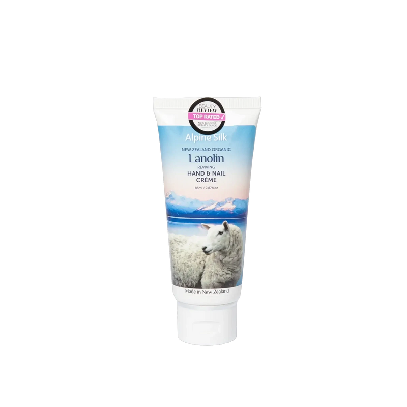 Alpine Silk Organic Lanolin Hand & Nail Cream 85ml in a tube with a scenic background, made in New Zealand.