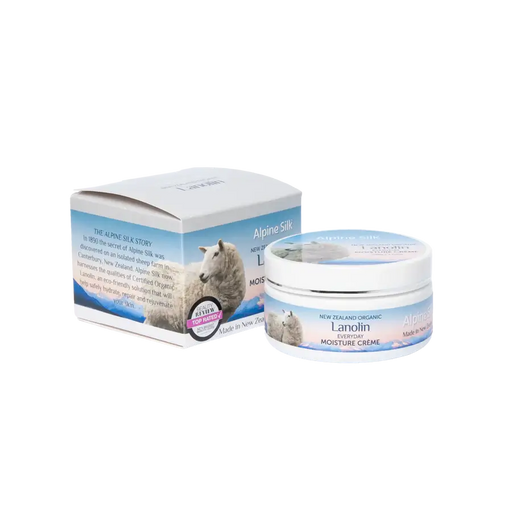 Alpine Silk Organic Lanolin Moisture Cream 100g with packaging, enriched with organic ingredients for skin hydration.