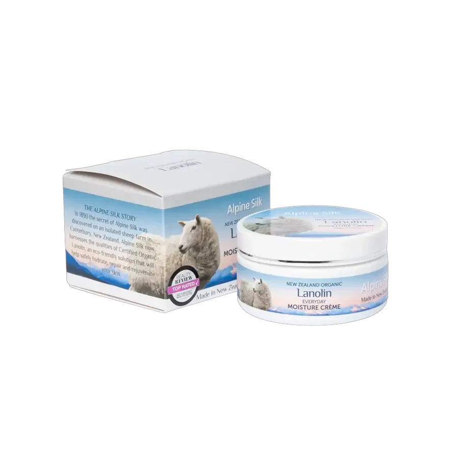 Alpine Silk Organic Lanolin Moisture Cream 100g with packaging, enriched with organic ingredients for skin hydration.