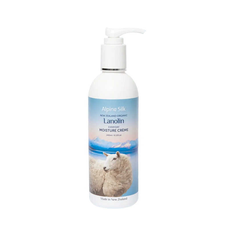 Alpine Silk Organic Lanolin Moisture Cream Pump 240ml with sheep image and scenic background, made in New Zealand.