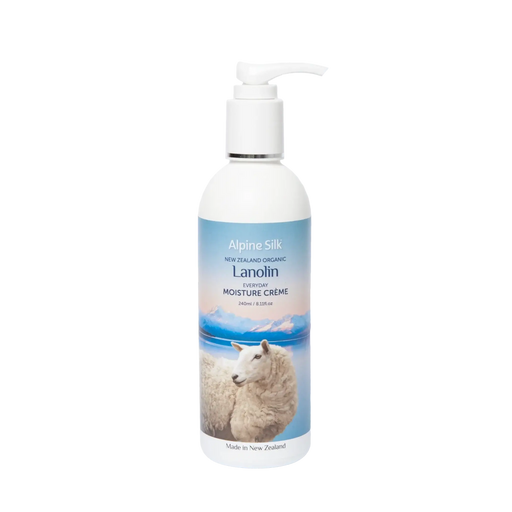 Alpine Silk Organic Lanolin Moisture Cream Pump 240ml with sheep image and scenic background, made in New Zealand.