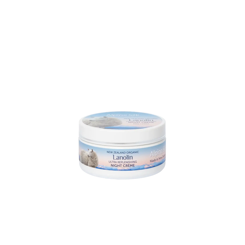 Alpine Silk Organic Lanolin Night Cream 100g container with New Zealand organic lanolin for skin hydration.