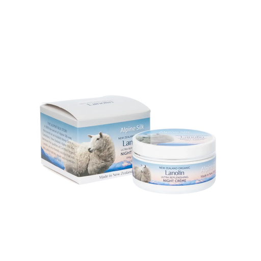 Alpine Silk Organic Lanolin Night Cream 100g with packaging, suitable for all skin types.