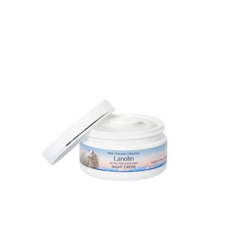 Alpine Silk Organic Lanolin Night Cream 100g in a jar with a lid, showcasing organic ingredients for skin hydration.