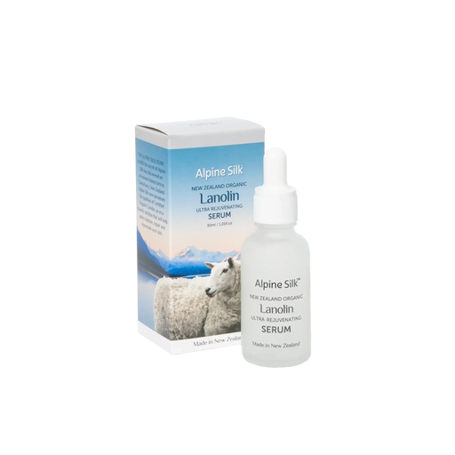Alpine Silk Organic Lanolin Serum 30ml in a bottle with packaging featuring a sheep, made in New Zealand.
