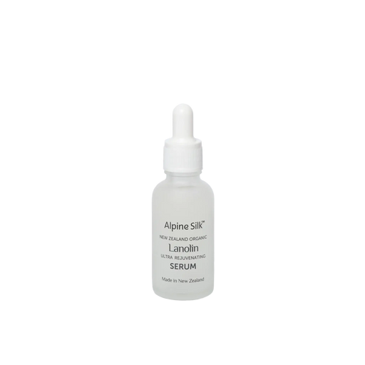 Alpine Silk Organic Lanolin Serum 30ml bottle with dropper, made in New Zealand, for skin rejuvenation.
