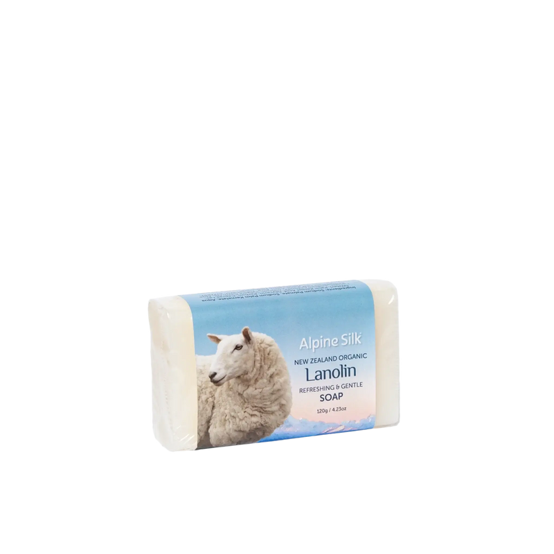 Alpine Silk Organic Lanolin Soap 120g packaging featuring sheep and blue skies.