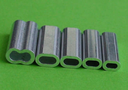 2.6mm x 1000 Alum Single Sleeve Crimp showcased in various sizes on a green background.
