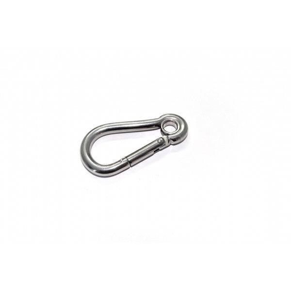 Karabiner Spring Hook w/ Eyelet 8mm stainless steel spring hook on white background
