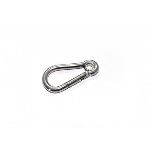Karabiner Spring Hook with Eyelet 6mm, stainless steel hook featuring 9mm eyelet and 300kg breaking load.