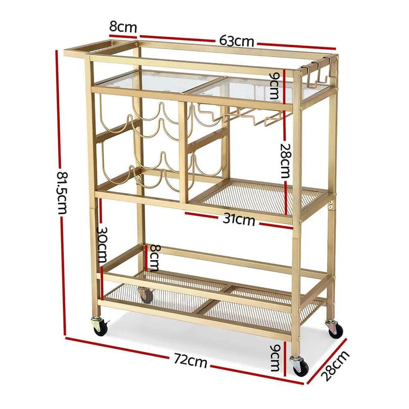 SportZone.co.nz Furniture > Dining > Kitchen & Dining Trolleys Artiss Bar Cart Drinks Trolley Serving Wine Rack Glass Holder 3 Hooks 72cm Gold Artiss Bar Cart Drinks Trolley Serving Wine Rack Glass Holder 3 Hooks 72cm Gold