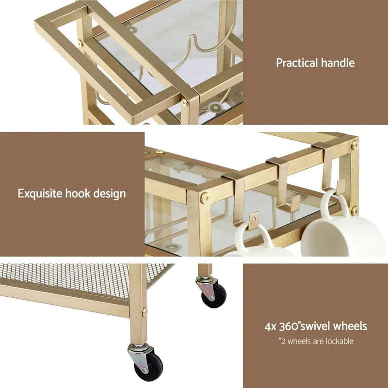 SportZone.co.nz Furniture > Dining > Kitchen & Dining Trolleys Artiss Bar Cart Drinks Trolley Serving Wine Rack Glass Holder 3 Hooks 72cm Gold Artiss Bar Cart Drinks Trolley Serving Wine Rack Glass Holder 3 Hooks 72cm Gold