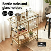SportZone.co.nz Furniture > Dining > Kitchen & Dining Trolleys Artiss Bar Cart Drinks Trolley Serving Wine Rack Glass Holder 3 Hooks 72cm Gold Artiss Bar Cart Drinks Trolley Serving Wine Rack Glass Holder 3 Hooks 72cm Gold