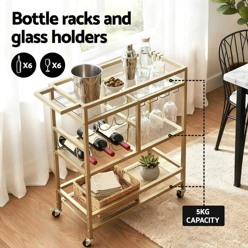 SportZone.co.nz Furniture > Dining > Kitchen & Dining Trolleys Artiss Bar Cart Drinks Trolley Serving Wine Rack Glass Holder 3 Hooks 72cm Gold Artiss Bar Cart Drinks Trolley Serving Wine Rack Glass Holder 3 Hooks 72cm Gold