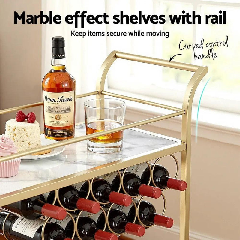 SportZone.co.nz Furniture > Dining > Kitchen & Dining Trolleys Artiss Bar Cart Drinks Trolley Serving Wine Rack Glass Holder Marble 85cm Gold Artiss Bar Cart Drinks Trolley Serving Wine Rack Glass Holder Marble 85cm Gold