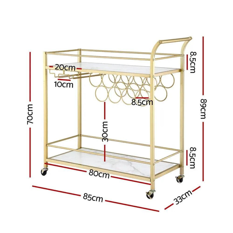 SportZone.co.nz Furniture > Dining > Kitchen & Dining Trolleys Artiss Bar Cart Drinks Trolley Serving Wine Rack Glass Holder Marble 85cm Gold Artiss Bar Cart Drinks Trolley Serving Wine Rack Glass Holder Marble 85cm Gold