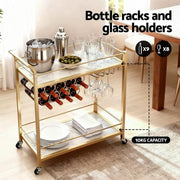 SportZone.co.nz Furniture > Dining > Kitchen & Dining Trolleys Artiss Bar Cart Drinks Trolley Serving Wine Rack Glass Holder Marble 85cm Gold Artiss Bar Cart Drinks Trolley Serving Wine Rack Glass Holder Marble 85cm Gold
