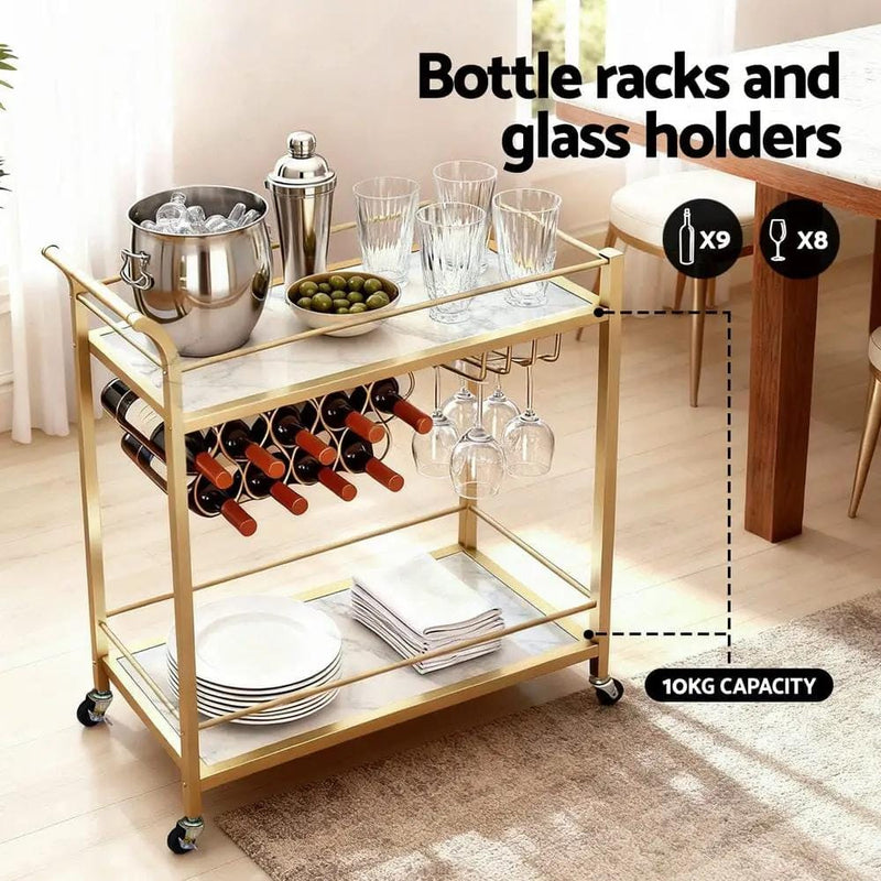 SportZone.co.nz Furniture > Dining > Kitchen & Dining Trolleys Artiss Bar Cart Drinks Trolley Serving Wine Rack Glass Holder Marble 85cm Gold Artiss Bar Cart Drinks Trolley Serving Wine Rack Glass Holder Marble 85cm Gold