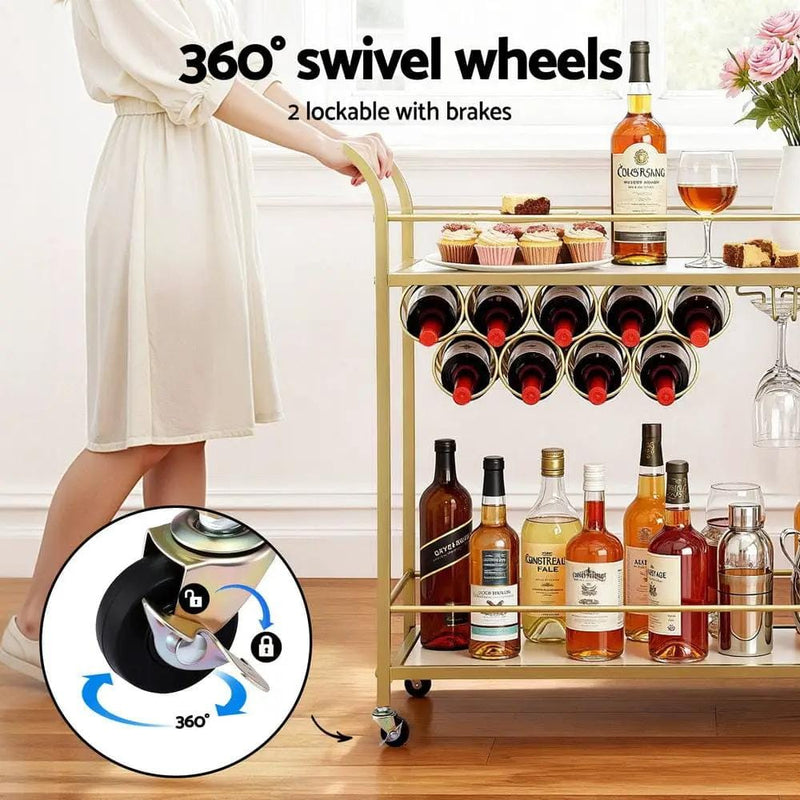 SportZone.co.nz Furniture > Dining > Kitchen & Dining Trolleys Artiss Bar Cart Drinks Trolley Serving Wine Rack Glass Holder Marble 85cm Gold Artiss Bar Cart Drinks Trolley Serving Wine Rack Glass Holder Marble 85cm Gold