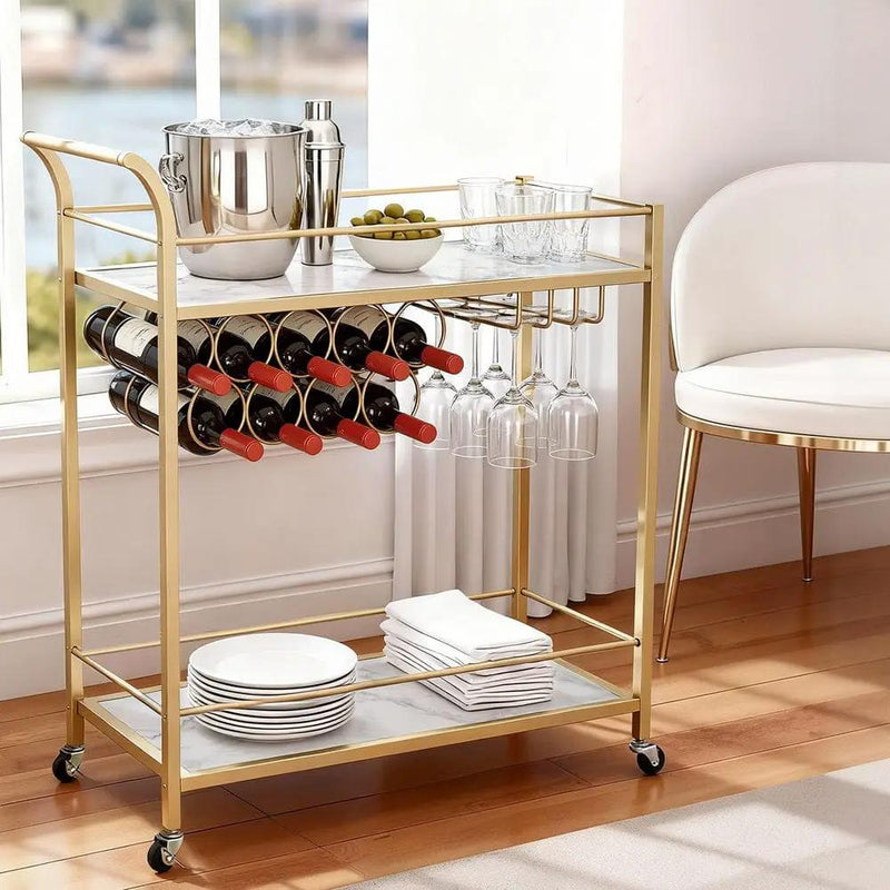 SportZone.co.nz Furniture > Dining > Kitchen & Dining Trolleys Artiss Bar Cart Drinks Trolley Serving Wine Rack Glass Holder Marble 85cm Gold Artiss Bar Cart Drinks Trolley Serving Wine Rack Glass Holder Marble 85cm Gold