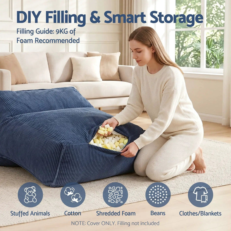 SportZone.co.nz Furniture > Sofas > Sofa Accessories Artiss Corduroy Bean Bag Chair Cover Blue | Soft Washable Lazy Sofa Cover Artiss Corduroy Bean Bag Chair Cover Blue | Soft Washable Lazy Sofa Cover