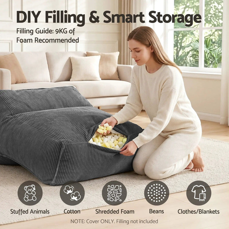 SportZone.co.nz Furniture > Sofas > Sofa Accessories Artiss Corduroy Bean Bag Chair Cover Grey | Soft Washable Lazy Sofa Cover Artiss Corduroy Bean Bag Chair Cover Grey | Soft Washable Lazy Sofa Cover