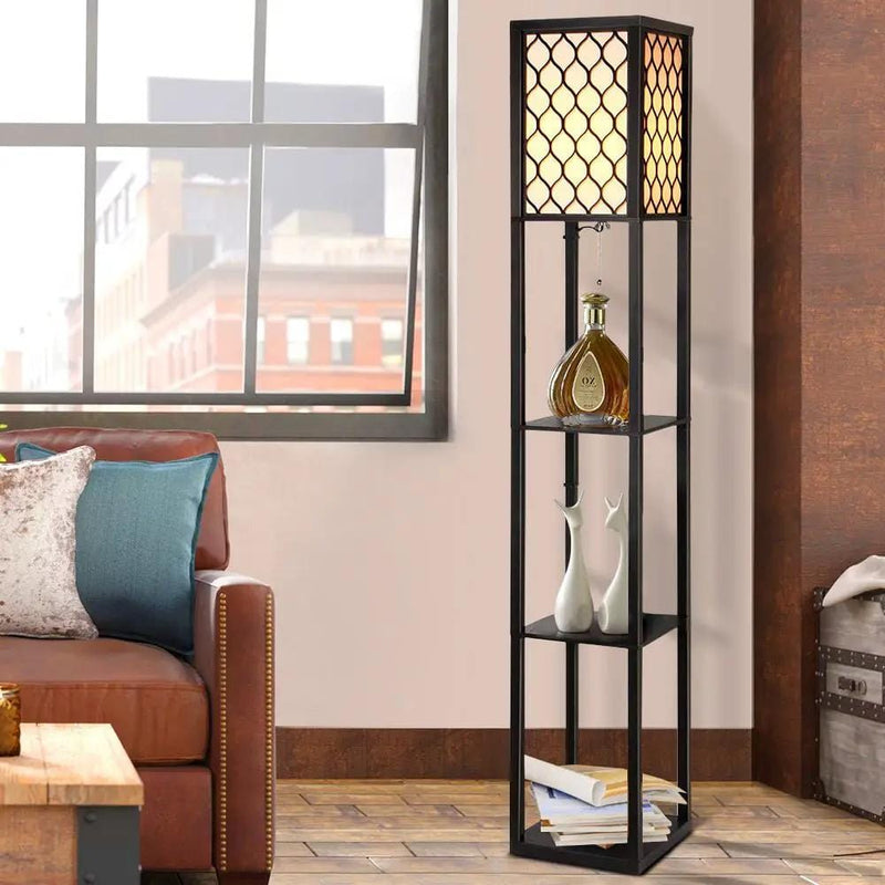SportZone.co.nz Furniture > Bedroom Artiss Floor Lamp 3 Tier Shelf Storage LED Light Stand Home Room Pattern Black Artiss Floor Lamp 3 Tier Shelf Storage LED Light Stand Home Room Pattern Black