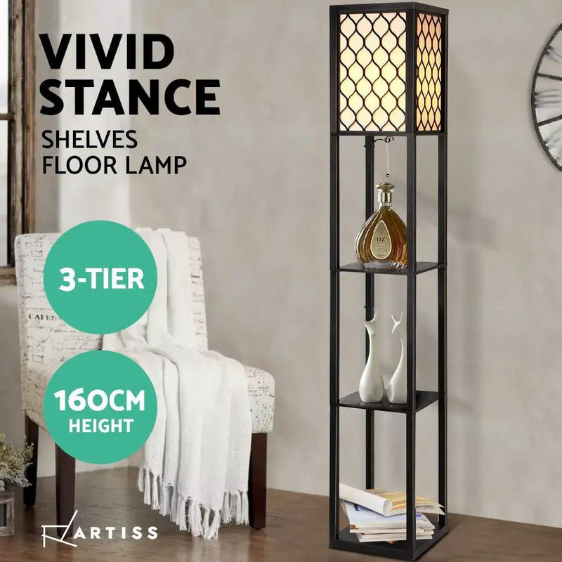 SportZone.co.nz Furniture > Bedroom Artiss Floor Lamp 3 Tier Shelf Storage LED Light Stand Home Room Pattern Black Artiss Floor Lamp 3 Tier Shelf Storage LED Light Stand Home Room Pattern Black