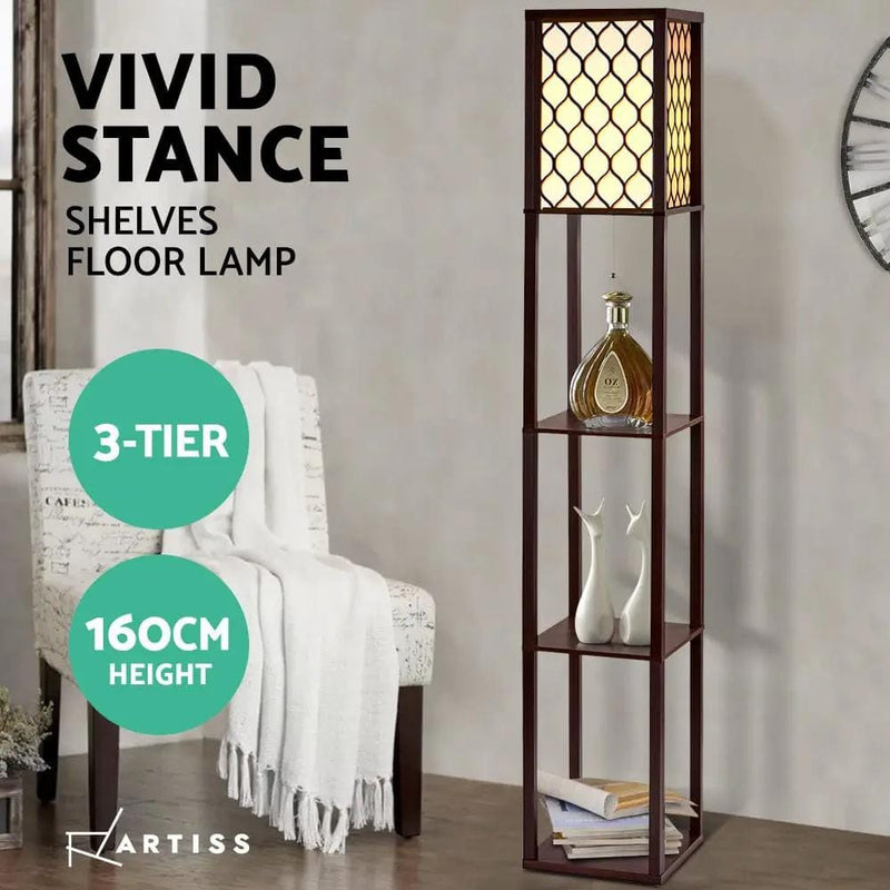 SportZone.co.nz Furniture > Bedroom Artiss Floor Lamp 3 Tier Shelf Storage LED Light Stand Home Room Pattern Brown Artiss Floor Lamp 3 Tier Shelf Storage LED Light Stand Home Room Pattern Brown