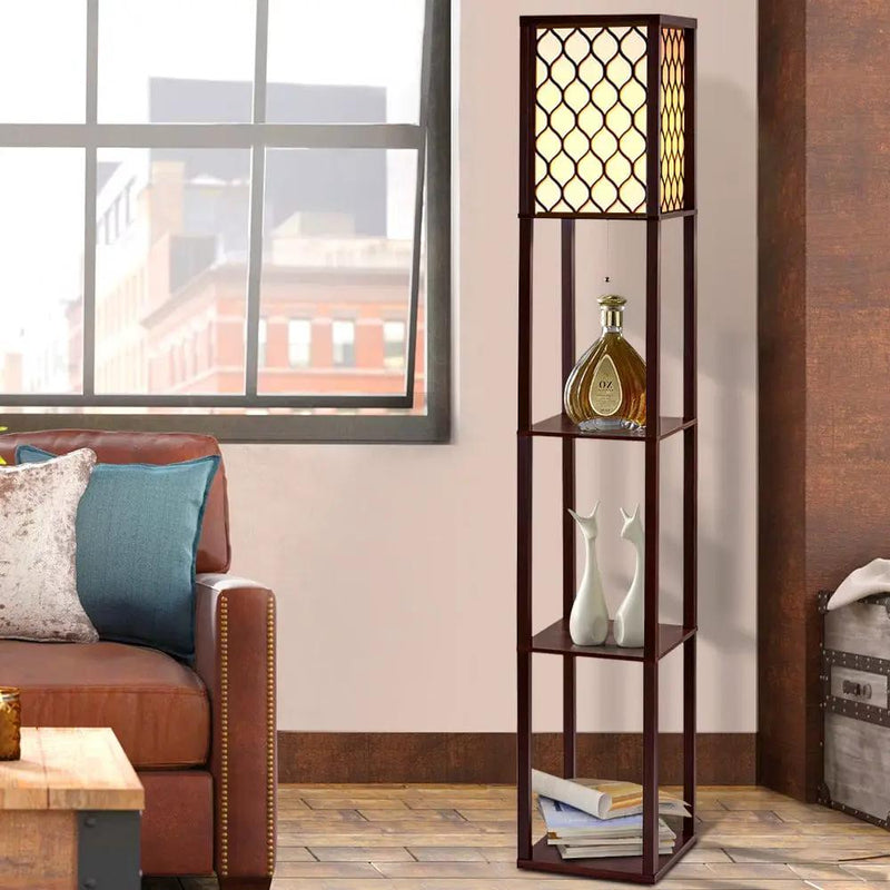 SportZone.co.nz Furniture > Bedroom Artiss Floor Lamp 3 Tier Shelf Storage LED Light Stand Home Room Pattern Brown Artiss Floor Lamp 3 Tier Shelf Storage LED Light Stand Home Room Pattern Brown