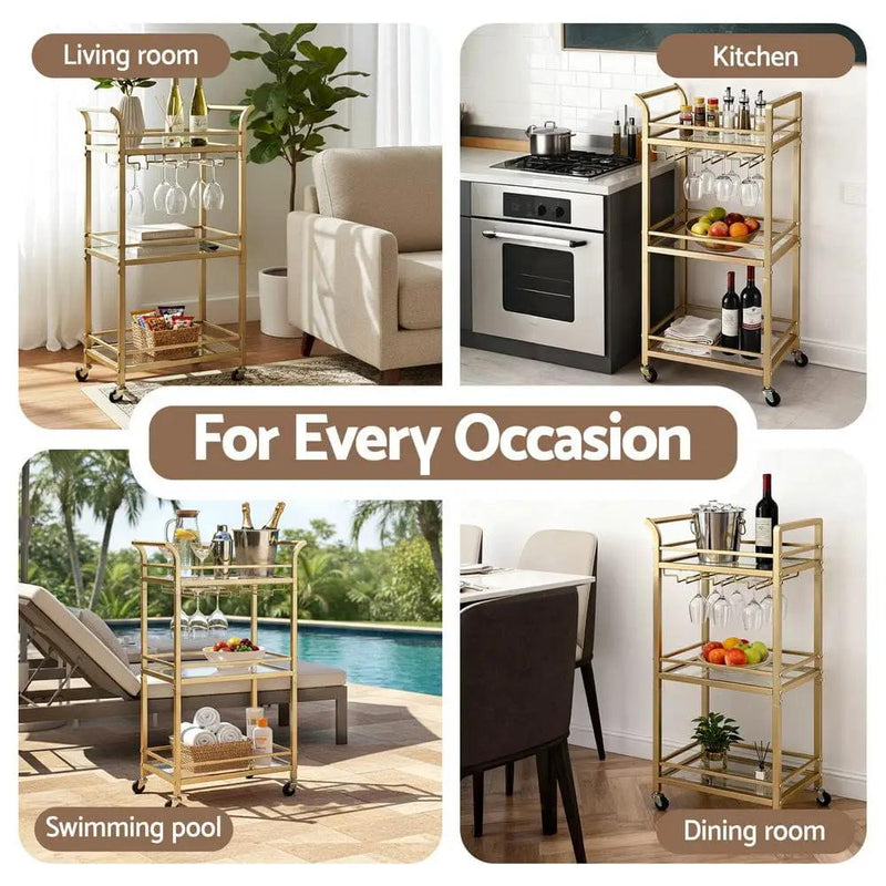 SportZone.co.nz Furniture > Dining > Kitchen & Dining Trolleys Artiss Kitchen Island Cart Trolley Rolling Serving Storage Wine Glass 43cm Gold Artiss Kitchen Island Cart Trolley Rolling Serving Storage Wine Glass 43cm Gold